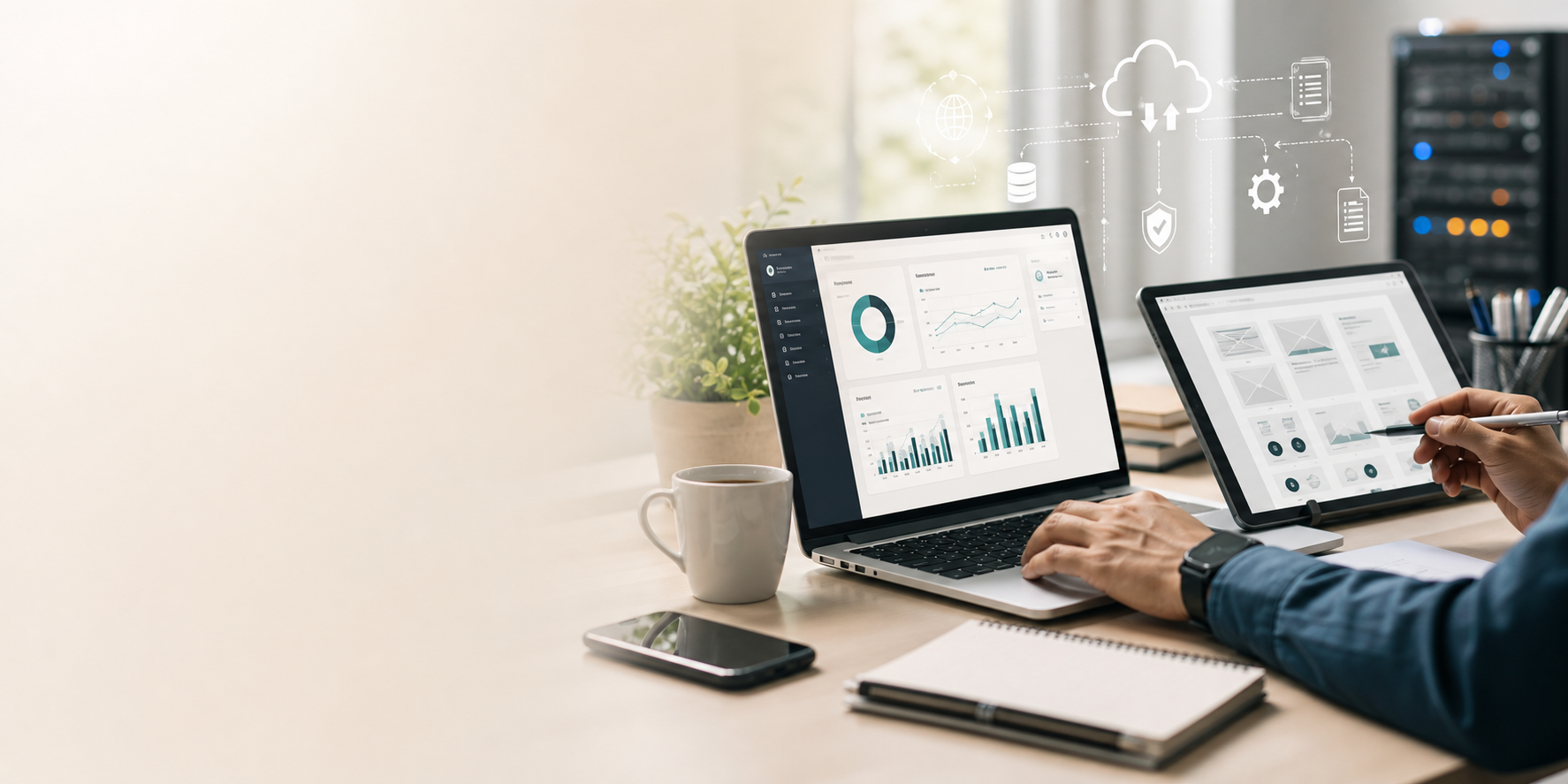 IT consultancy workspace with laptop analytics and business planning screens